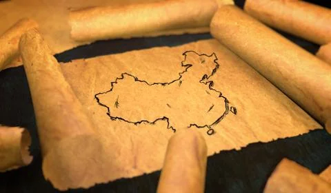 China Map Drawing Unfolding Old Paper Scroll 3D Stock Illustration