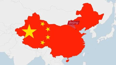 China map highlighted in China flag colors and pin of country capital Beijing Illustration