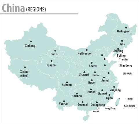China map illustration vector detailed China map with region names. Stock Illustration