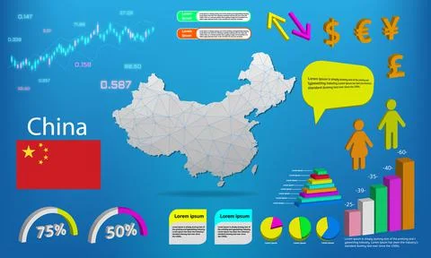 China map info graphics - charts, symbols, elements and icons collection. Det Illustrazione stock