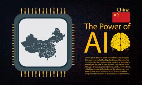 China map with microchip war and AI concept on circuit board, Power of AI w.. Ilustração Stock