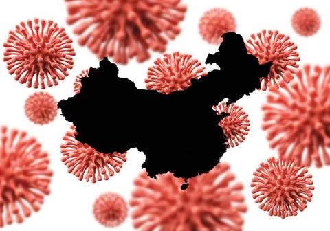 China map over a scientific virus microbe background. 3D Rendering Ilustração Stock