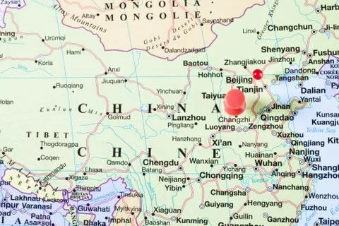 China map with red pin Stock Photos