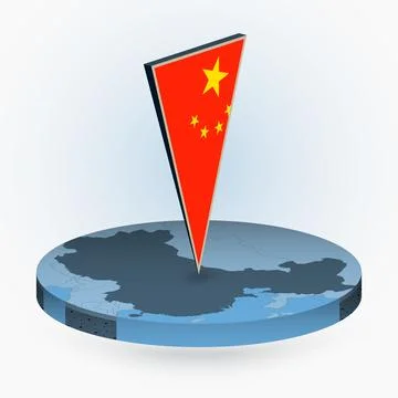 China map in round isometric style with triangular 3D flag of China Stock Illustration