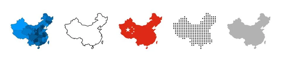 China map vector icon set. Silhouette, states, regions, outline, flag, flat.. Stockillustratie