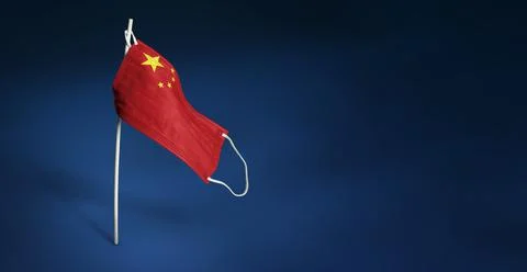 China mask on dark blue background. Waving flag of China painted on medical mask Stock Photos