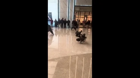 China: Robot dance performance goes off balance in mall show in Zhejiang,... Stock Footage 327423644