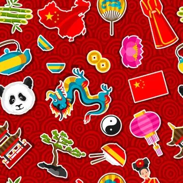 China seamless pattern. Chinese sticker symbols and objects Stock Illustration