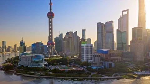 China Shanghai Aerial v44 Hyperlapse flying around landmark waterfront, Stock Footage