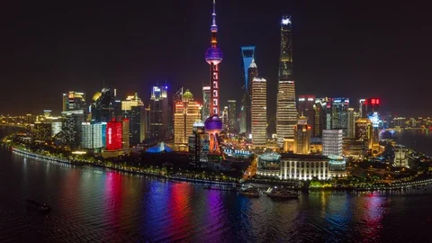 China Shanghai Aerial v53 Hyperlapse at night, panning around landmark, Stock Footage
