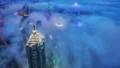 China Shanghai, over the sea of clouds, aerial view of the modern buildings. 4k or 4k+ Resolution