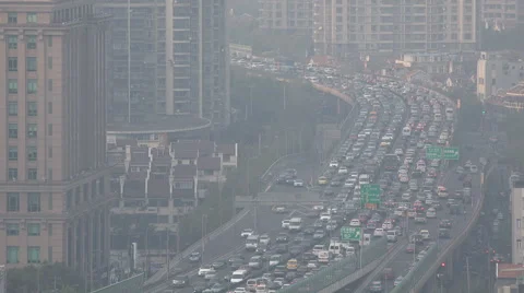 China, Shanghai rush hour traffic jam, air pollution, smog, highway, road Stock Footage
