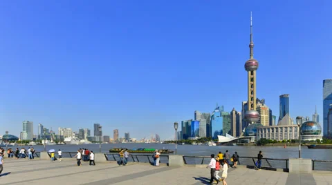 China, Shanghai, Timelapse, Pudong Skyline across Huangpu River Stock Footage