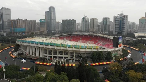 China sports entertainment - drone shot of Guangzhou Evergrande football stadium Stock Footage 108906260