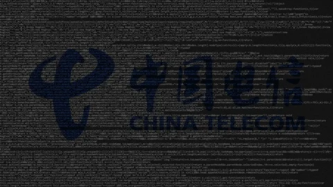 China Telecom logo made of source code on computer screen. Editorial loopable Stock Footage 92021469