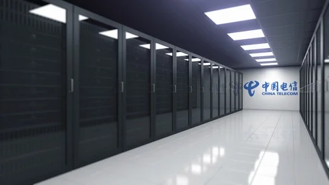 CHINA TELECOM logo in the server room, editorial 3D animation Stock Footage 110580056