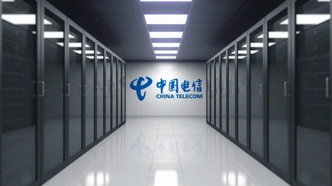 China Telecom logo on the wall of the server room. Editorial 3D animation Stock Footage 89702833
