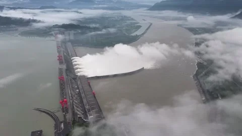 China: Three Gorges Dam Opens Six Holes To Release Water Stock Footage 280450079