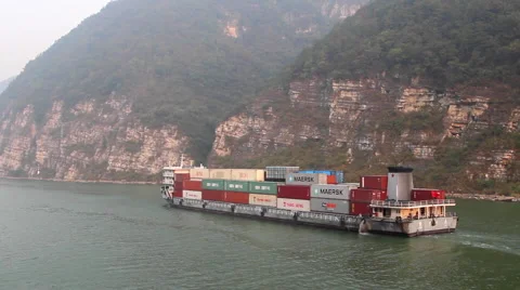CHINA THREE GORGES DAM YANGTZE RIVER SHIPPING COMMERCE TRANSPORT Stock Footage