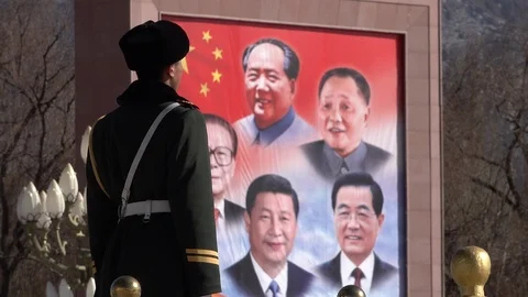 China Tibet security and control - army guard and political banner in Lhasa 動画素材 112479196