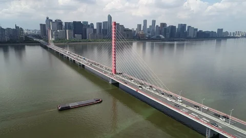 China urban development - drone shot modern skyline and bridge Hangzhou Video stock 99023487