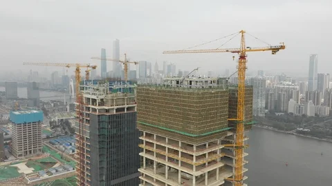 China urban development - rotating drone shot of construction site in Guangzhou Video stock 109093767