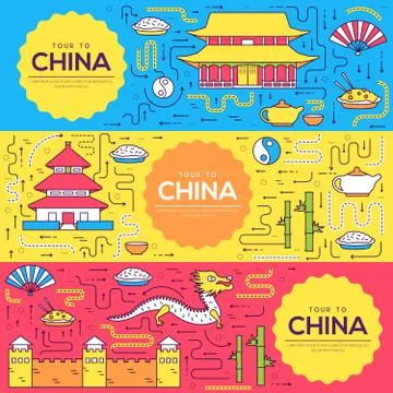 China vector brochure cards thin line set. Country travel template of flyear Stock Illustration