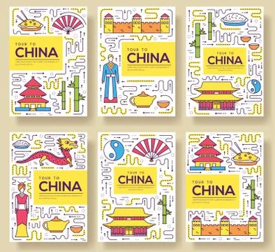 China vector brochure cards thin line set. Country travel template of flyear Stock Illustration