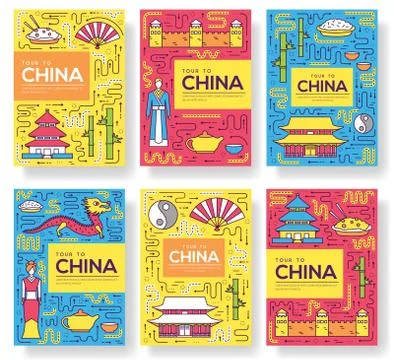China vector brochure cards thin line set. Country travel template of flyear Stock Illustration