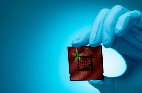China's chip industry with electronic engineer holding computer chip. Elect.. 스톡 사진