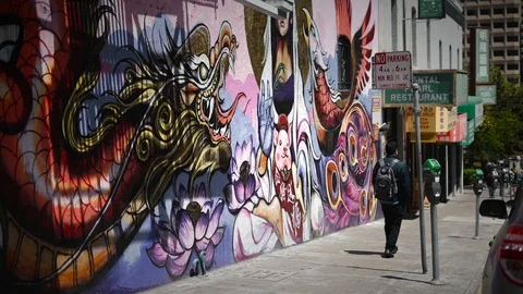 Chinatown San Francisco Streets  Painting Dragon Buddha Eagle Painting Walls Stock Footage