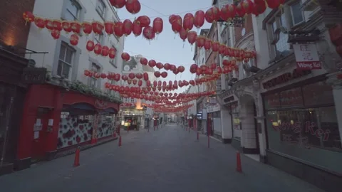 Chinatown tracking shot under red lanterns during lockdown Stock Footage 135340107