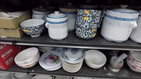 Chinaware  on store shelf Stock Footage 131276838