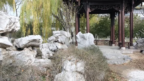 Chinese arbor in garden Stock Footage 128450536