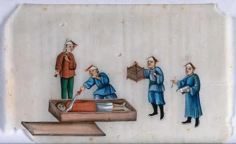 Chinese armed guards check a inspect a corpse in a coffin. Gouache painting.. Stock Illustration
