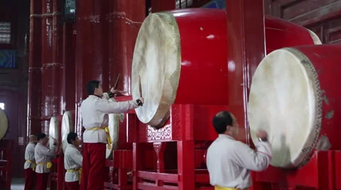 Chinese beat drums during a performance Stock Footage 35138316