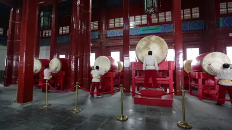 Chinese beat drums during a performance Stock Footage 35148328