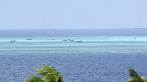 Chinese boats on the West Philippine Sea, from Kalayaan Island, Philippines Stock Footage