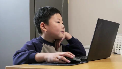 A Chinese boy using computer at home, playing game Stock Footage 266496087