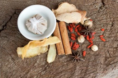 Chinese bundle herbs set Stock Photos