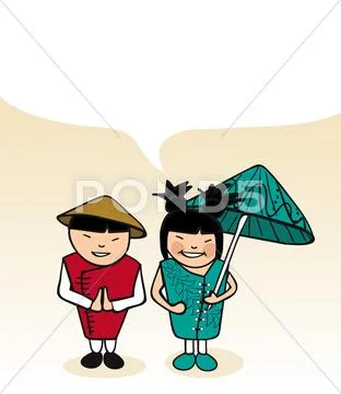 Chinese cartoon couple bubble dialogue Stock Illustration