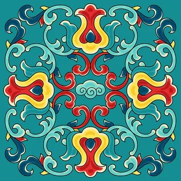 Chinese ceramic tile pattern. Oriental traditional floral ornament. Wall or Illustrazione stock