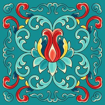 Chinese ceramic tile pattern. Oriental traditional floral ornament. Wall or Stock Illustration