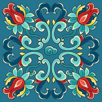 Chinese ceramic tile pattern. Oriental traditional floral ornament. Wall or Stock Illustration
