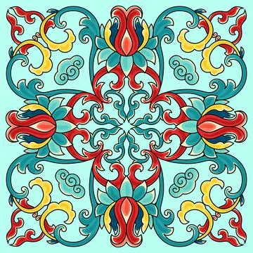 Chinese ceramic tile pattern. Oriental traditional floral ornament. Wall or Stock Illustration