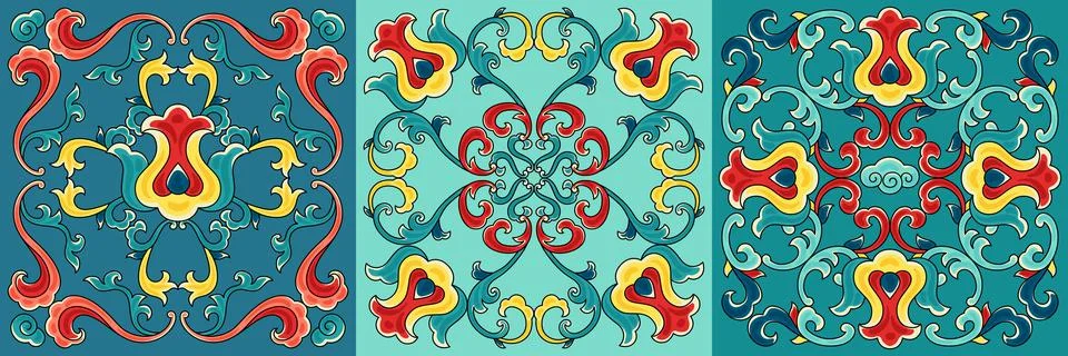 Chinese ceramic tile pattern. Oriental traditional floral ornament. Wall or Illustrazione stock
