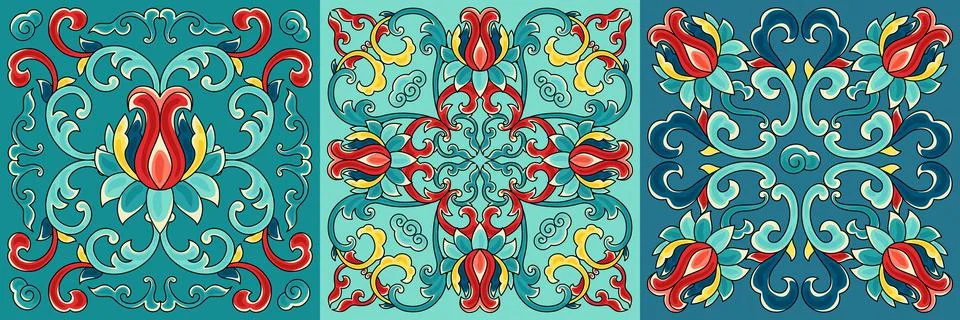 Chinese ceramic tile pattern. Oriental traditional floral ornament. Wall or Stock Illustration