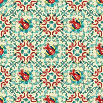 Chinese ceramic tile seamless pattern. Oriental traditional floral ornament Illustrazione stock