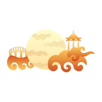 Chinese cloud sky with fullmoon and construction scene Stock Illustration