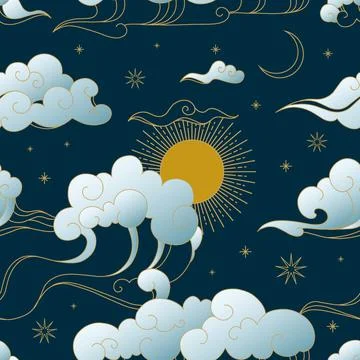 Chinese clouds pattern. Seamless print with traditional oriental art. Sky Stock Illustration